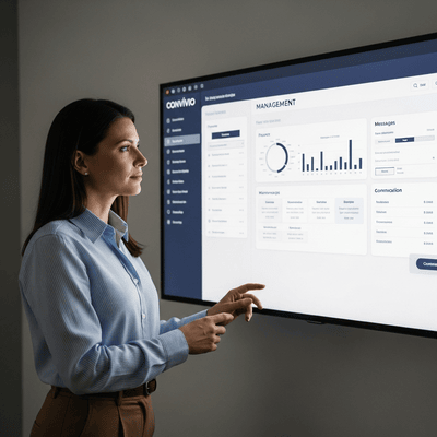 Síndico profissional em frente a um painel de controle de gestão condominial