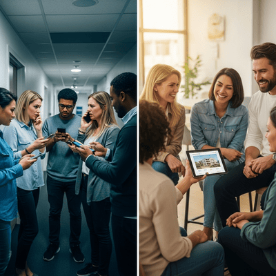 Contraste entre comunicação caótica em grupos e comunicação organizada em plataforma